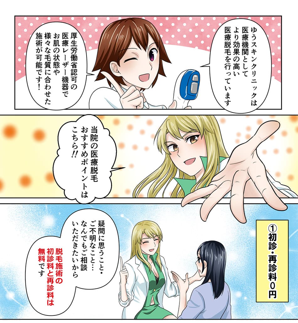ゆうスキンクリニックは医療機関として、より効果の高い医療脱毛を行っています。厚生労働省認可の医療レーザー機器でお肌の状態や、様々な毛質に合わせた施術が可能です!当院の医療脱毛おすすめポイントはこちら!【1】初診・再診料 0円!疑問に思うこと・ご不明なこと…なんでもご相談いただきたいから、脱毛施術の初診料と再診料は無料です。